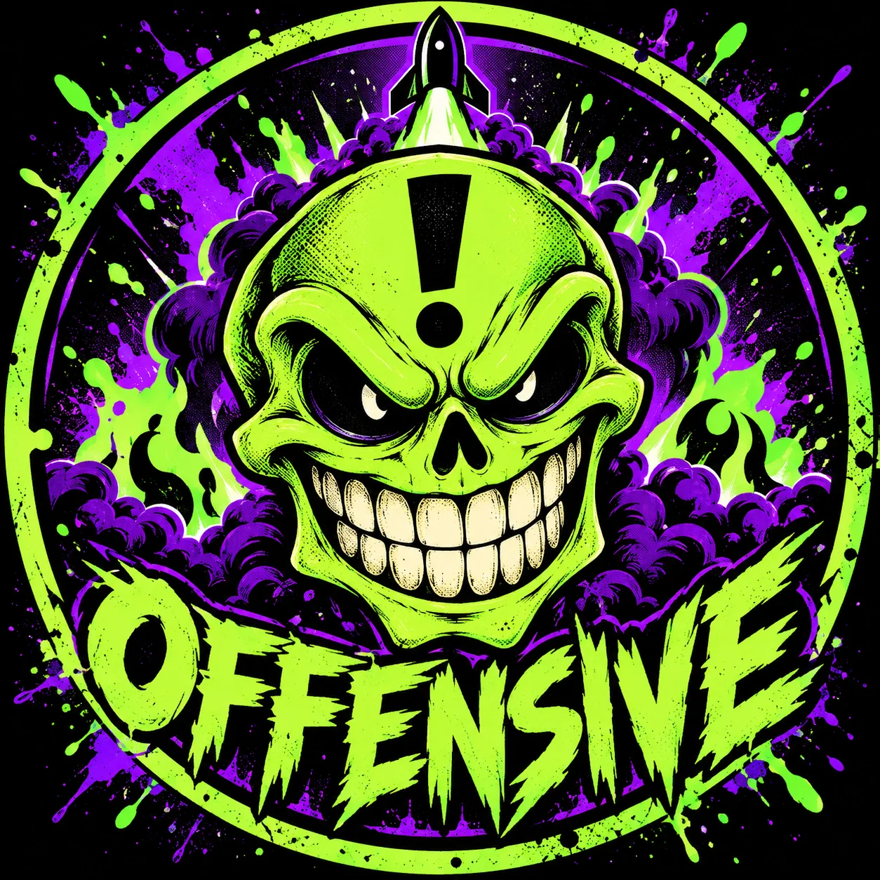 OFFENSIVE platform coin: grinning green skull with an exclamation mark and rocket